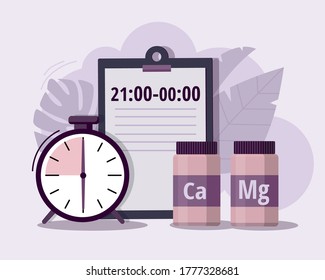 Calcium, magnesiumand and alarm clock. Time of pill. Health care, pharmacy, medicine concept