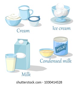 Calcium milk products in carton pack and glass. Balls of ice cream in glassware, condensed organic farm drink and whipped cream food, healthy kefir. Diet and grocery, shop or store, rural meal theme