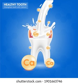 Calcium mineral gold. Glossy drop pill capsule Mineral and vitamin complex. Dietary supplement tooth, Medical or healthcare concept. Vector EPS10 