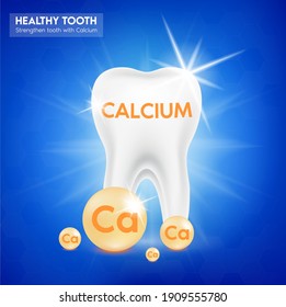 Calcium mineral gold. Glossy drop pill capsule Mineral and vitamin complex. Dietary supplement tooth, Medical or healthcare concept. Vector