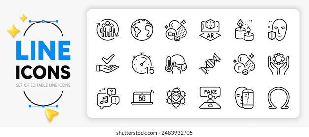 Calcium mineral, Voicemail and Teamwork line icons set for app include Dermatologically tested, Sick man, 5g notebook outline thin icon. Timer, Fluorine mineral, Aroma candle pictogram icon. Vector