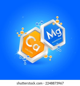 Calcium minerals in hexagon orange and Magnesium blue with chemical atom molecule orbit around. 3D Logo label nutrition silver. Used for products food and medicine design. Isolated Vector.