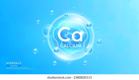 Calcium minerals inside blue bubble floating in the air. Vitamins complex essential supplement to the health care. For food  nutrition and medicine. Science medical concept. Banner 3D vector.