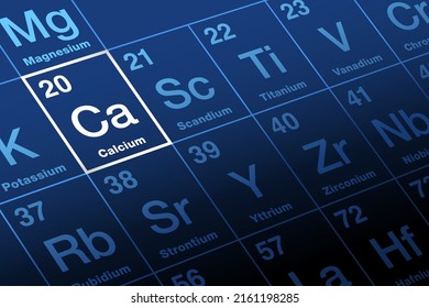 Calcium on periodic table of the elements. Alkaline earth metal, with symbol Ca and atomic number 20. As electrolytes, calcium ions play a vital role in the physiological and biochemical processes.