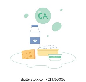 Calcium organic foods rich in calcium for healthy eating concept, flat cartoon vector illustration isolated on white background. Source of minerals and healthy nutrients.