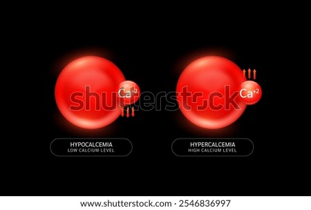 Calcium in red blood cells with up down arrows on black background. Low high level of minerals and vitamins in the body is an electrolyte disorder. Medical science concept. Vector EPS10.