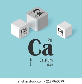 Calcio. Serie Elementos químicos. Sustancias necesarias para la salud humana. Elementos micro y macro, nutrientes. Elemento químico con valencia, masa atómica y número ordinal en la tabla periódica. 