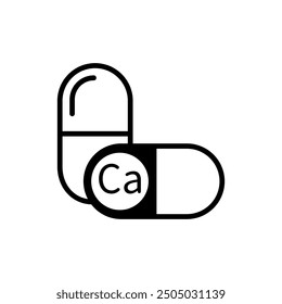 Icono de suplemento de calcio. Cápsula con símbolo Ca. Diseño sencillo en blanco y negro. Estilo de Vector mínimo.