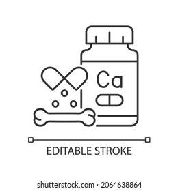 Calcium Supplements Linear Icon. Osteoporosis Prevention Medication. Vegan And Lactose Intolerant. Thin Line Customizable Illustration. Contour Symbol. Vector Isolated Outline Drawing. Editable Stroke