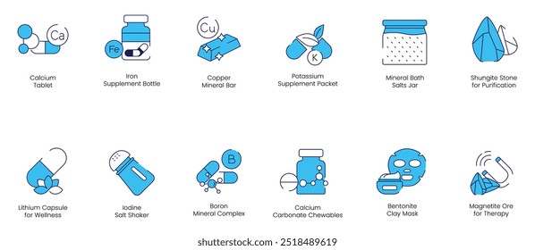 Tableta de calcio, suplemento de hierro, barra mineral de cobre, paquete de suplemento de potasio, tarro de sal de baño mineral, piedra de shungite para purificación, cápsula de litio para el bienestar, iconos de vectores de coctelera de sal de yodo
