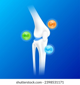 Calcium and Vitamin K2 D3 surround bone cartilage. Vitamins minerals care knee joint. Healthy human skeleton anatomy isolated on blue background. Realistic 3D vector.