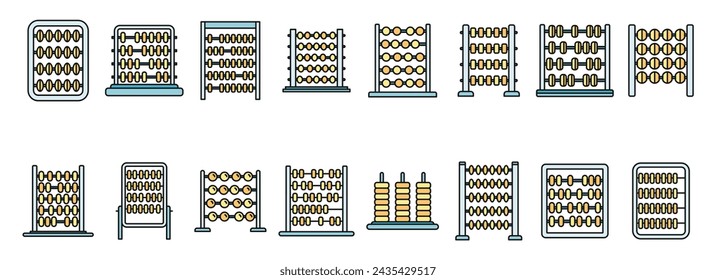 Calculate abacus icons set outline vector. Finance education. Math count color line isolated