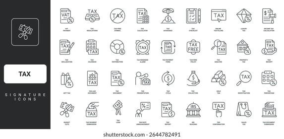 Calculate amount and tax return, taxation of luxury and gift, real estate thin black outline symbols vector illustration. Tax deduction management, budget cuts, form and payroll line icon set.