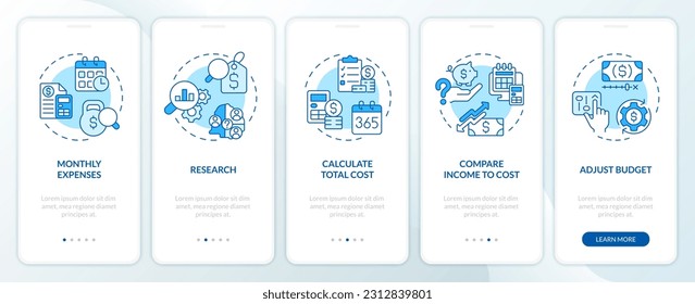 Calculate costs of living blue onboarding mobile app screen. Money expense walkthrough 5 steps editable graphic instructions with line concepts. UX, GUI template. Myriad Pro-Bold, Regular fonts used