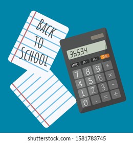 calculate creative pocket calculator flat design cartoon & notebook or lined paper isolated on background. text back to school art. concept vector electronic calculator for elementary math & education