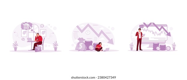 Calculate declining finances. They are facing financial problems or lack of money. Financial charts are down. Financial Instability concept. set modern vector flat illustration