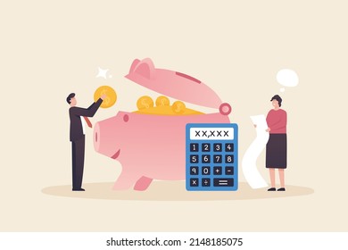 Calculate the deposit amount. Deposit interest rates.
Tax Payment, Woman and man with Huge Calculator, Dollar Coins, Piggy Bank. Finance Budget Planning and Accounting Concept.