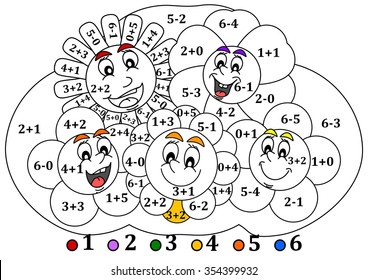 Calculate the examples and fill colors depending on the result - smiling colorful flowers  - vector