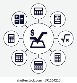 calculate icons set. Set of 9 calculate filled icons such as calculator, mathematical square, abacus, calclator