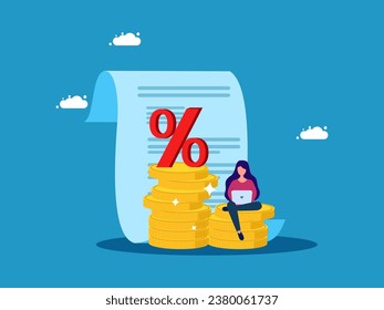 Calculate interest. woman sitting on pile of coins with percentage