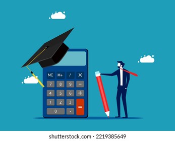 Calculate the learning cost. a business man standing with a pencil and a calculator wearing a graduation cap