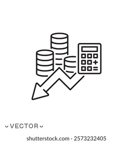 calculate loss icon, down income, economy crisis, financial drop, accountancy concept, graph down, thin line symbol concept isolated on white background, editable stroke eps 10 vector illustration