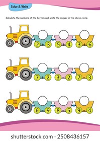 Calcular a planilha de número, adição e subtração para pré-escola e jardim de infância, Resolver e escrever