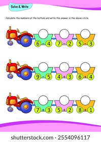 Calculate the number worksheet, addition and subtraction for preschool and kindergarten, Solve and write. Mathematics,