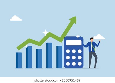 Calculate revenue growth, Businessman holding a calculator and looking at a growth chart with an increasing arrow. 