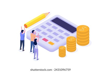 Calcular el crecimiento de los ingresos, la evaluación financiera, la contabilidad o el concepto de cálculo de beneficios. Ilustraciones vectoriales isométricas para banner, sitio web, página de destino, flyer.
