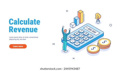 Calculate revenue growth, financial evaluation, accounting or profit calculation concept. Outline Isometric 3d Vector illustrations isolated on white background.