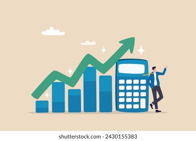 Calculate revenue growth, growing income or investment earning, tax, accounting or profit calculation, financial evaluation concept, businessman with calculator and growth chart diagram growing arrow.