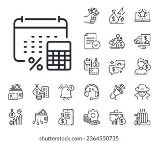 Calculate tax rate sign. Cash money, loan and mortgage outline icons. Annual tax line icon. Payroll report symbol. Annual tax line sign. Credit card, crypto wallet icon. Inflation, job salary. Vector