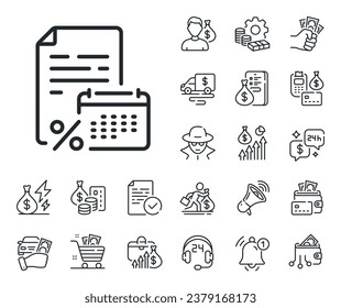 Calcular el signo de tasa de impuestos. Iconos en el esquema de dinero en efectivo, préstamos e hipotecas. Icono de línea de impuestos del calendario. Símbolo de informe de nómina. Signo de línea de impuestos del calendario. Tarjeta de crédito, icono de cartera cripto. Vector