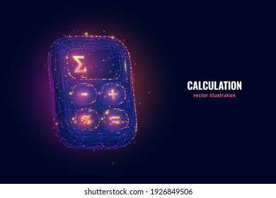 Calculate Total Price Digital Wireframe Made Of Connected Dots. Calculator Low Poly Vector Illustration With Neon Glowing On Blue Background.