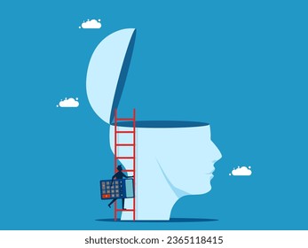 Calculating with the brain. man holding a calculator is climbing a ladder on a big head
