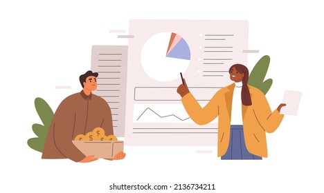 Calculating budget, analyzing finance report with business chart. Accounting concept. Financial advisor planning investment strategy. Flat graphic vector illustration isolated on white background