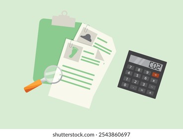 Calculando a pegada de carbono com a área de transferência e a calculadora. Emissões diretas. Coletar Dados da Atividade. Calcular Emissões Totais. Ilustração vetorial. Pegada de carbono 