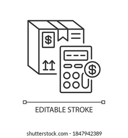 Calculating cargo price linear icon. Postal service thin line customizable illustration. Parcel value assessment. Box and calculator contour symbol. Vector isolated outline drawing. Editable stroke