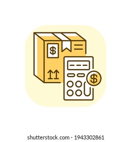 Calculando el precio de la carga amarillo icono de color RGB. Servicio postal. Evaluación del valor del paquete, determinando el costo del envío del paquete. Ilustración vectorial aislada de caja y calculadora