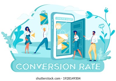 Calculating Conversion Rate for Ecommerce Site. Online Shop in Smart Phone Opening Its Door for Customers, Website Visitors, Being Eager to Try New Product. Increasing Sales by Optimizing Store.