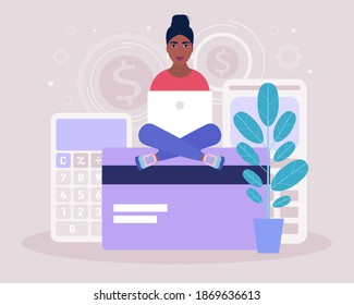 Calculating. Financial analytics concept. Economy concept. Young woman sitting with a laptop on a bank card. Colorful flat vector illustration.
