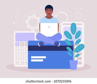 Calculating. Financial analytics concept. Economy concept. Young man sitting with a laptop on a bank card. Colorful flat vector illustration.