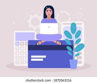 Calculating. Financial analytics concept. Economy concept. Young woman sitting with a laptop on a bank card. Colorful flat vector illustration.
