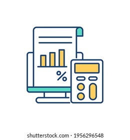 Calculating financial risk RGB color icon. Measuring company interest expense. Bankruptcy risk calculation. Financial ratios. Debts, liabilities. Business balance sheet. Isolated vector illustration