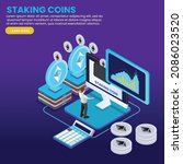 Calculating growing passive income from staking ethereum isometric 3d vector concept for banner, website, illustration, landing page, flyer, etc.