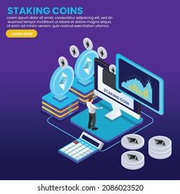 Calculating growing passive income from staking ethereum isometric 3d vector concept for banner, website, illustration, landing page, flyer, etc.