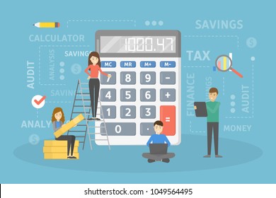 Calculating the income or debts to pay. People using calculator.