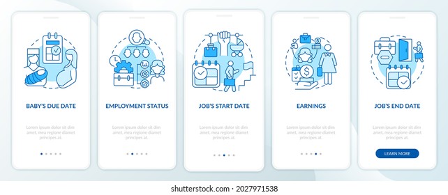 Calculating maternity pay requirements blue onboarding mobile app page screen. Walkthrough 5 steps graphic instructions with concepts. UI, UX, GUI vector template with linear color illustrations