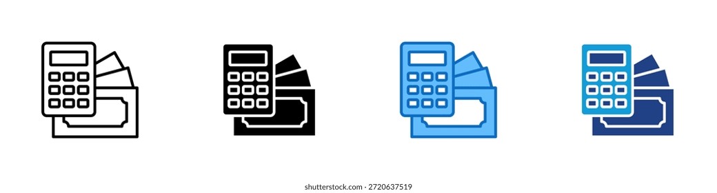 Vector de cálculo de múltiples estilos de diseño de iconos: calculadora colocada sobre la pila de dinero, que representa el cálculo numérico, el manejo de efectivo y la evaluación monetaria